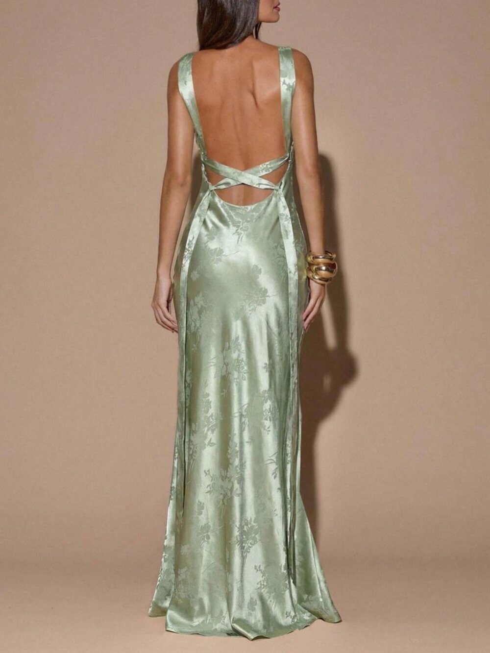 Green Sexy Women's Jacquard Criss-Cross Backless Fitted Fishtail Dress